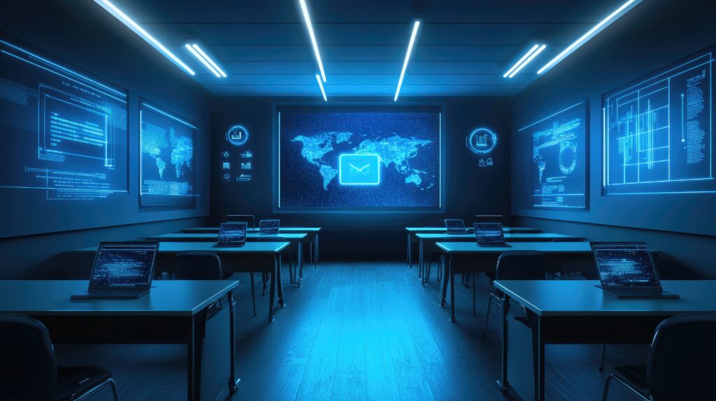 Digitaler Schulungsraum mit Laptops und Datenbildschirmen – Symbol für SAP Business Network Lieferantenschulung
