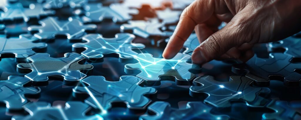 Digitale Puzzelteile die zusammengelegt werden