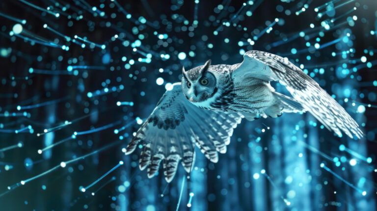 Fliegende Eule vor abstraktem, technologisch wirkendem Hintergrund in Blautönen.