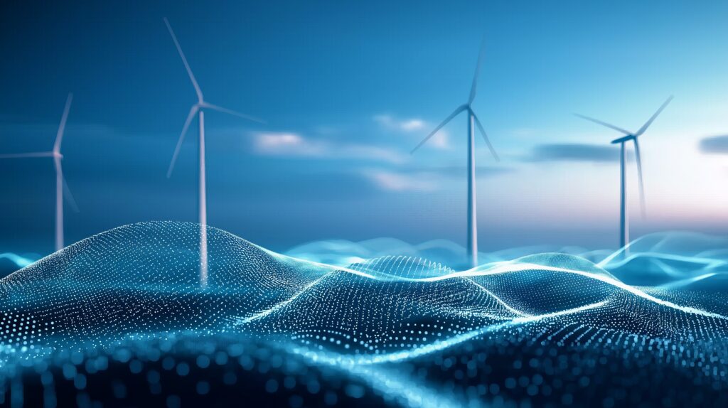 Landschaft mit leuchtendem Datennetz und Windkraftanlagen – Symbol für Digitalisierung und Energieversorgung