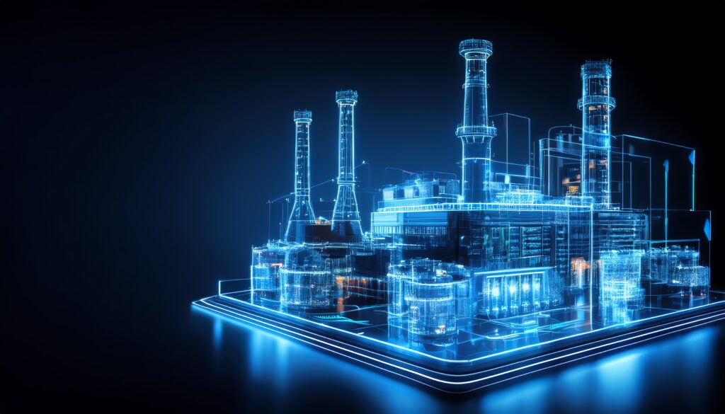Digital visualisierte Bild einer Fabrikanlage mit leuchtenden Industriegebäuden