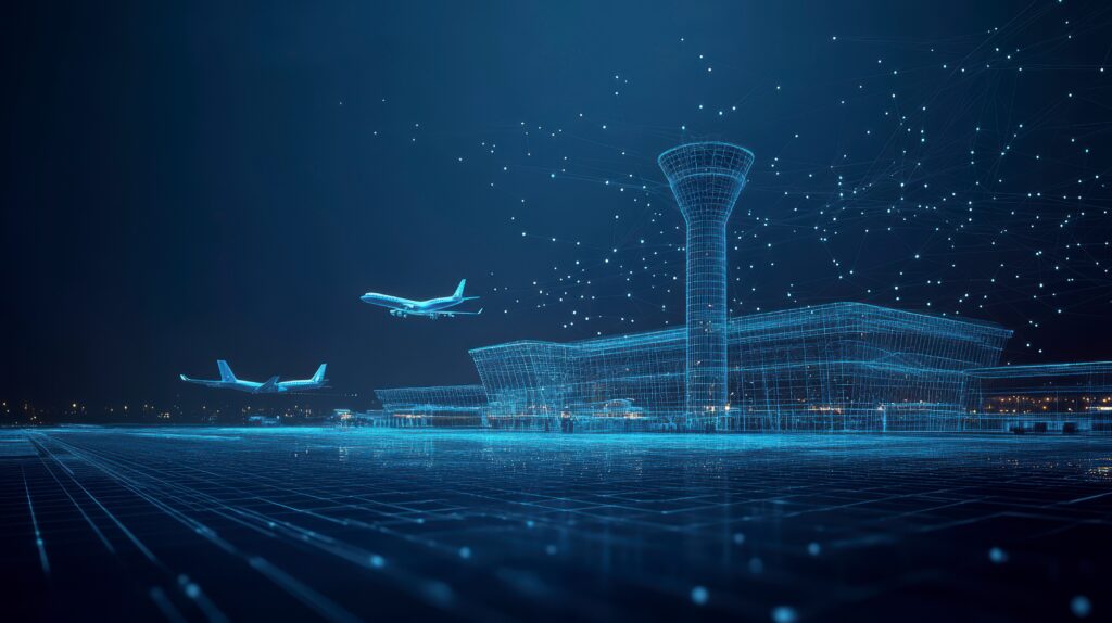 Digital visualisierter Flughafen mit – symbolisiert Luftfahrtbranche, Prozesse und digitale Beschaffungssysteme