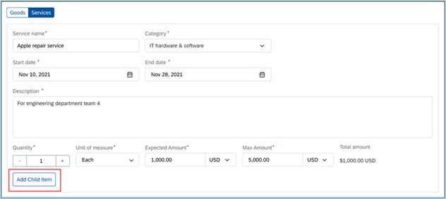Screenshot aus SAP Ariba Guided Buying: Eingabemaske zur Erstellung einer Service-Bestellanforderung mit Feldern für Service Name, Kategorie, Datum, Beschreibung, Menge, Einheit, erwarteten Betrag und Schaltfläche ‚Add Child Item‘ für Unterpositionen